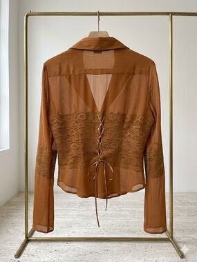 Vintage Boho Western Corset Lace Up Sheer Mesh Blouse Rust Med
